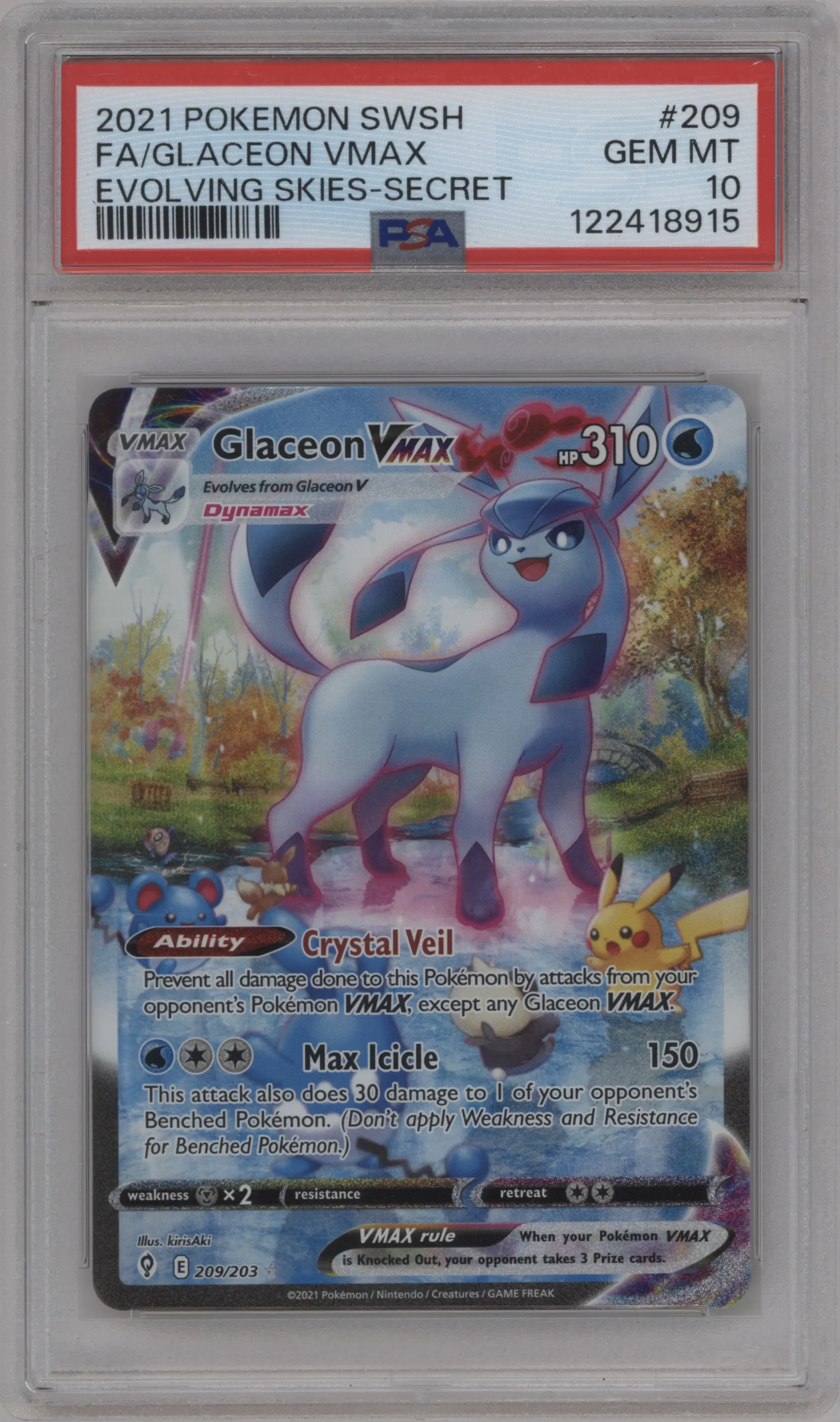 Glaceon VMAX from the 2021 Pokemon SWSH set graded by PSA and given an overall grade of 10.