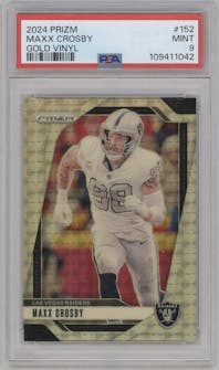 Maxx Crosby from the 2024 Panini Prizm set featuring a Gold Vinyl parallel graded by PSA and given an overall grade of 9.