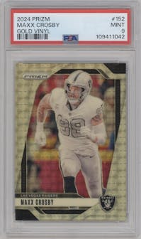 Maxx Crosby from the 2024 Panini Prizm set featuring a Gold Vinyl parallel graded by PSA and given an overall grade of 9.