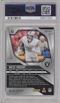Maxx Crosby from the 2024 Panini Prizm set featuring a Gold Vinyl parallel graded by PSA and given an overall grade of 9.