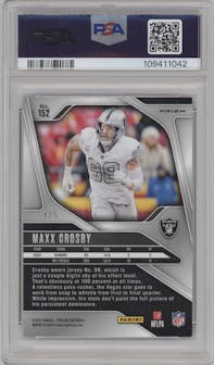 Maxx Crosby from the 2024 Panini Prizm set featuring a Gold Vinyl parallel graded by PSA and given an overall grade of 9.