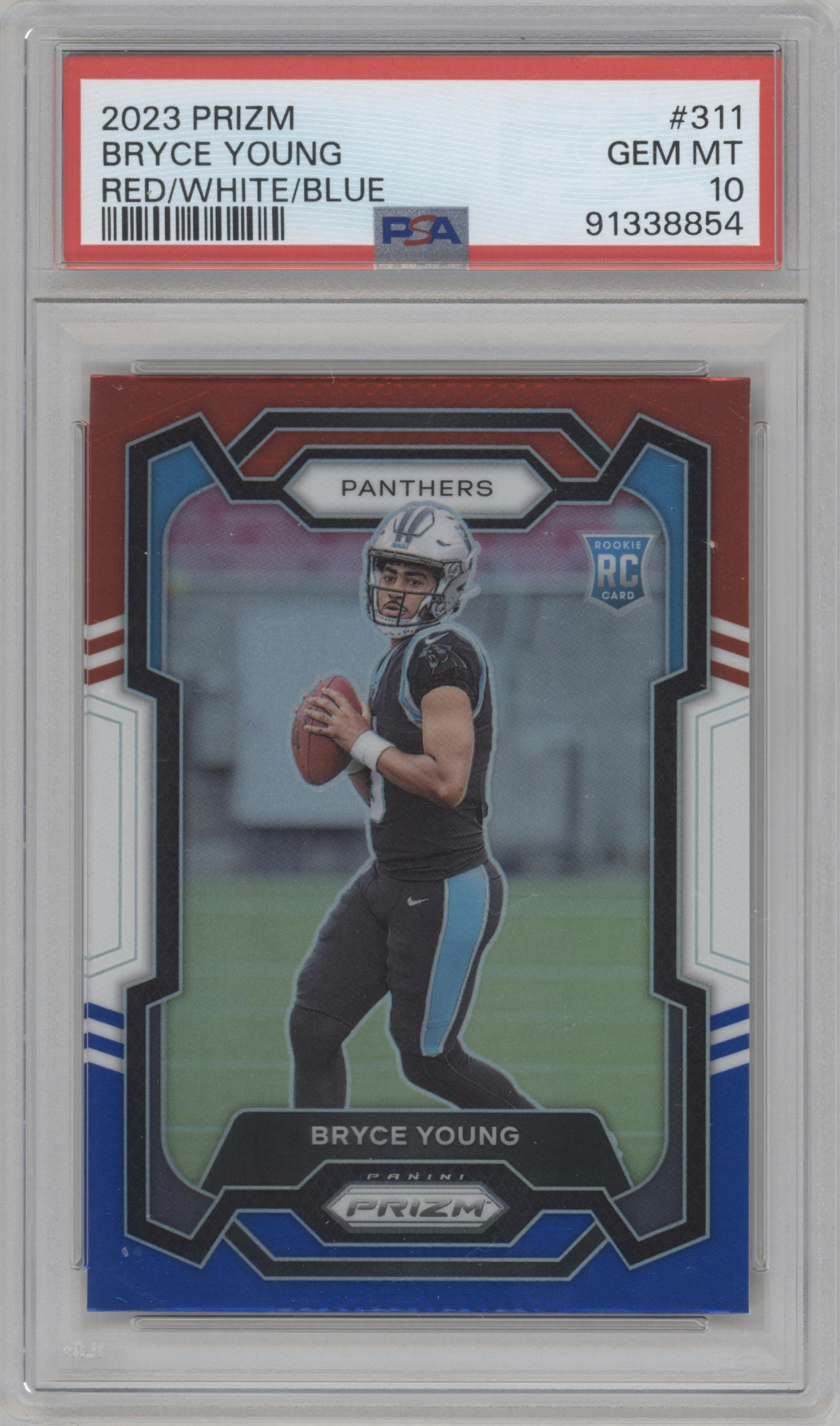 Bryce Young from the 2023 Panini Prizm set featuring a Red White Blue Prizm parallel graded by PSA and given an overall grade of 10.