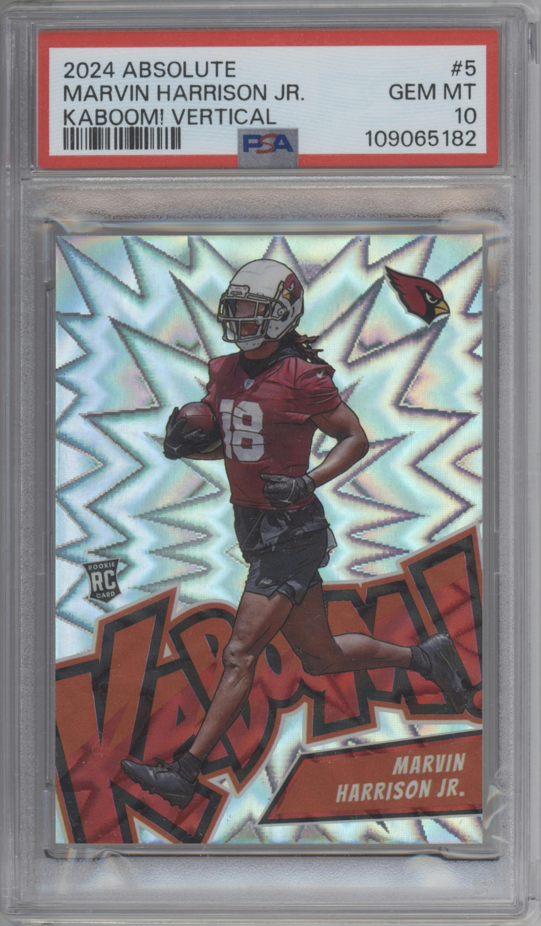 Marvin Harrison Jr. from the 2024 Panini Absolute set graded by PSA and given an overall grade of 10.