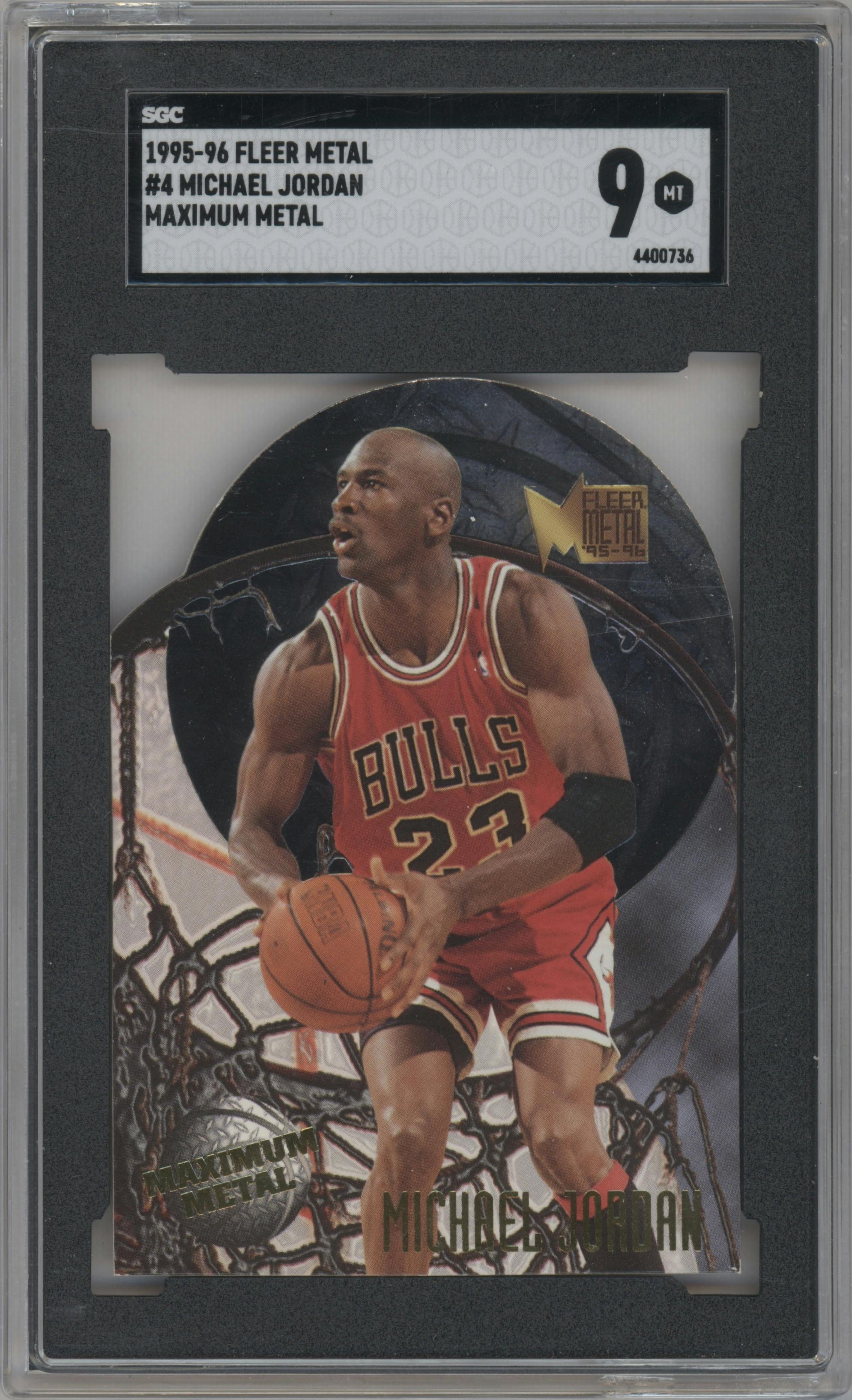 Michael Jordan from the 1995-96 Fleer Metal set graded by SGC and given an overall grade of 9.