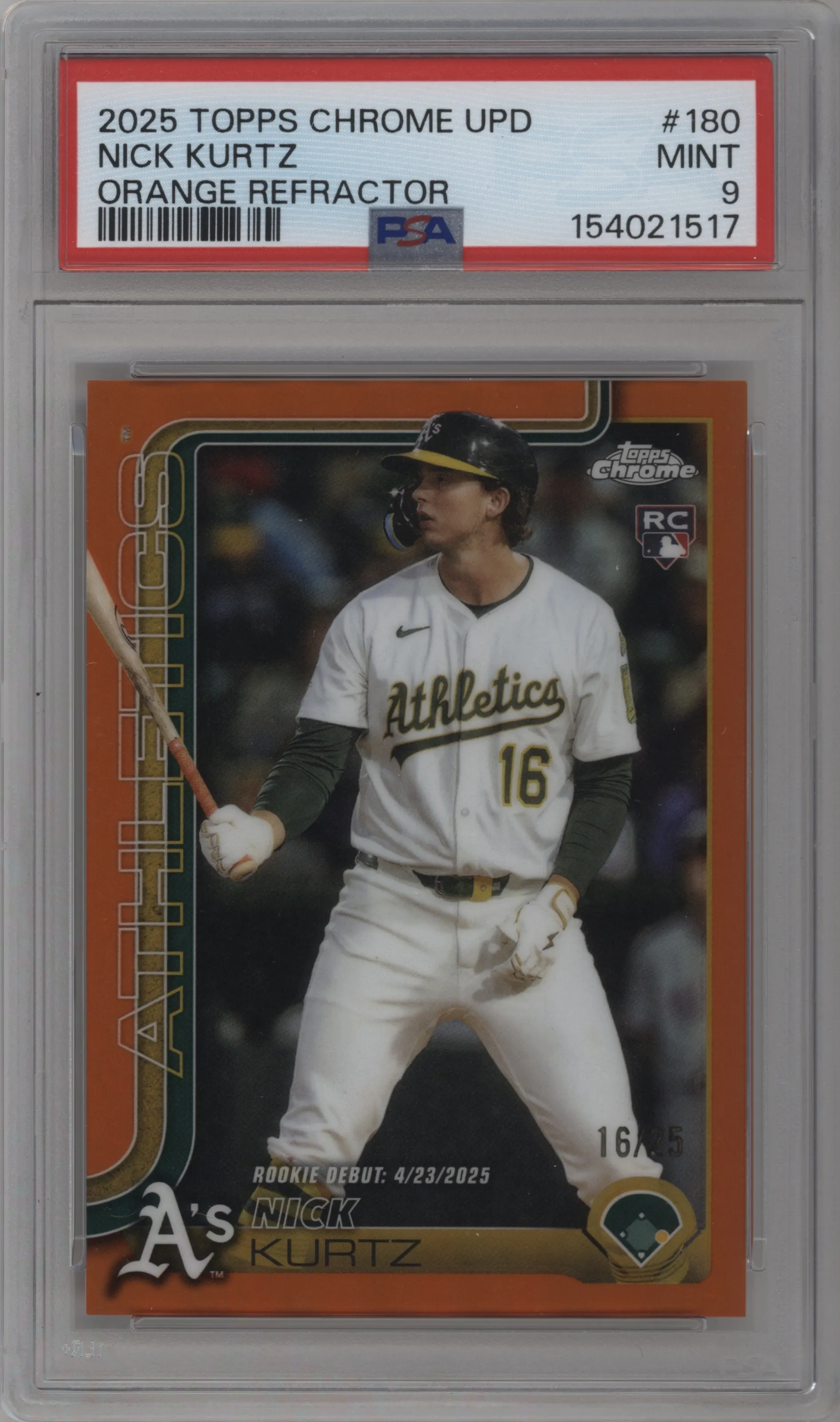 2025 Topps Chrome Update Nick Kurtz Orange Refractors #USC180 PSA 9