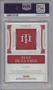 Elly De La Cruz from the 2023 Panini National Treasures set featuring a Holo Gold parallel graded by PSA and given an overall grade of 9.