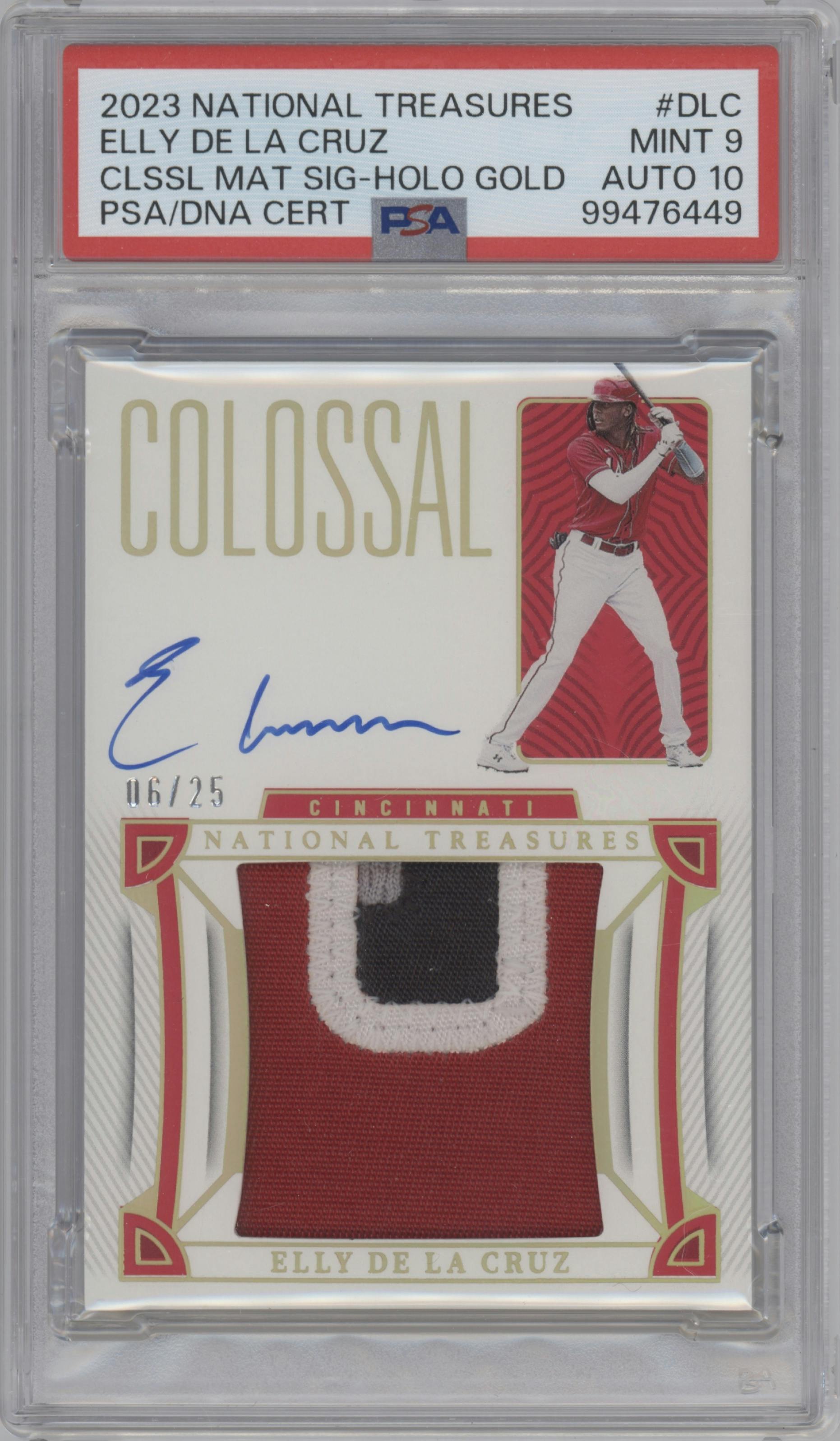 Elly De La Cruz from the 2023 Panini National Treasures set featuring a Holo Gold parallel graded by PSA and given an overall grade of 9.