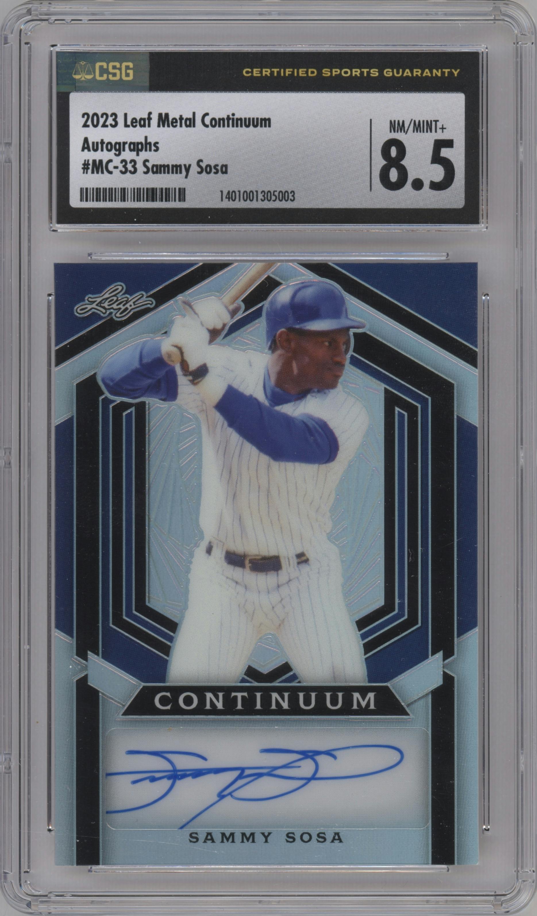 Sammy Sosa from the 2023 Leaf Metal Continuum Multi-Sport set graded by CSG and given an overall grade of 8.5.