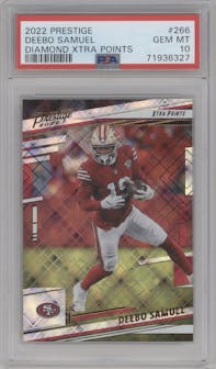 Deebo Samuel from the 2022 Panini Prestige set featuring a Xtra Points Diamond parallel graded by PSA and given an overall grade of 10.