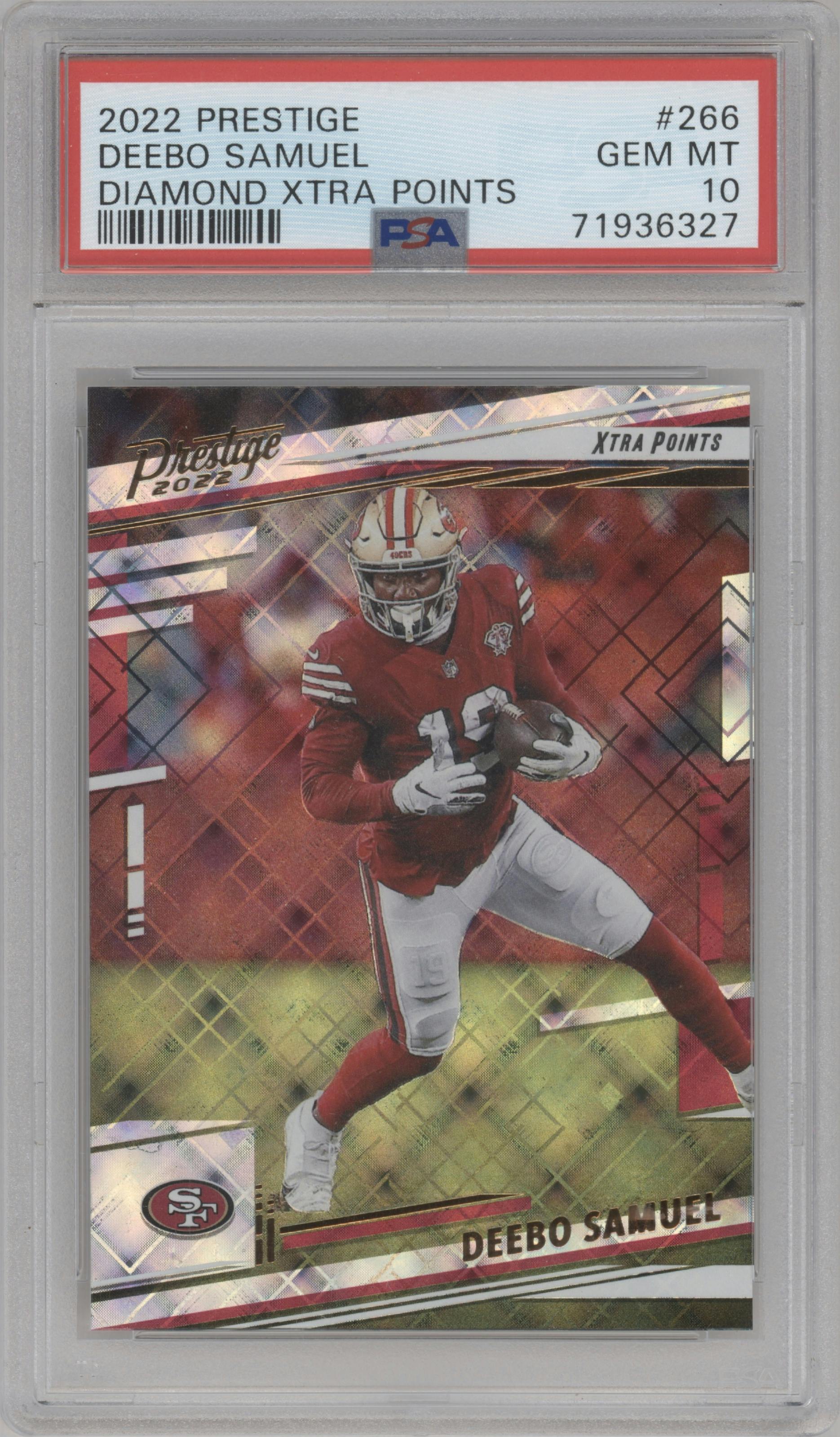 Deebo Samuel from the 2022 Panini Prestige set featuring a Xtra Points Diamond parallel graded by PSA and given an overall grade of 10.