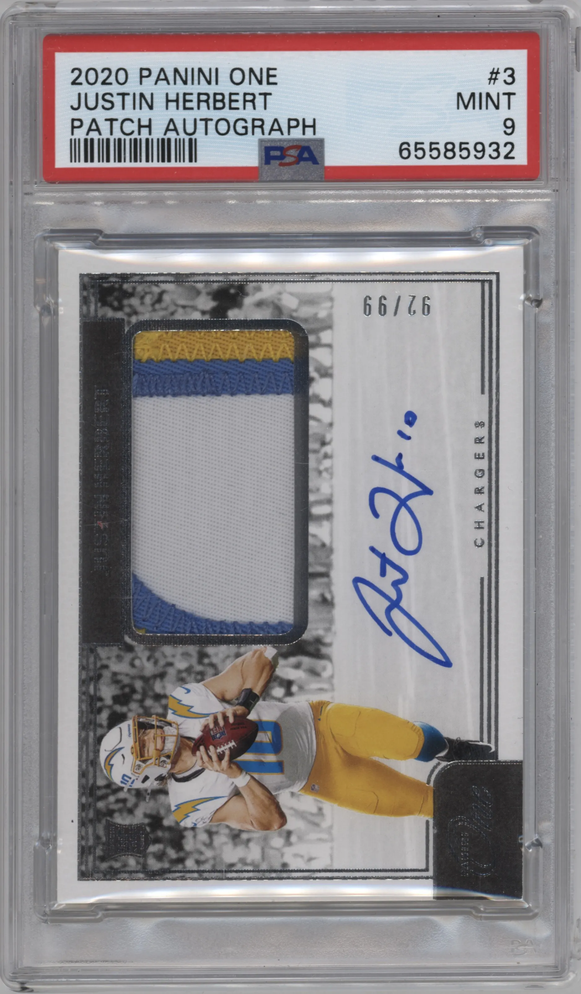 Justin Herbert from the 2020 Panini One set graded by PSA and given an overall grade of 9.