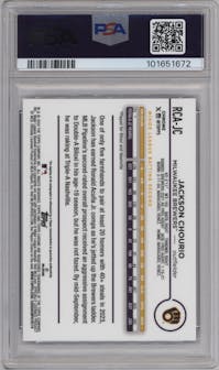 Jackson Chourio from the 2024 Topps Chrome Logofractor set featuring a Blue Refractor parallel graded by PSA and given an overall grade of 10.