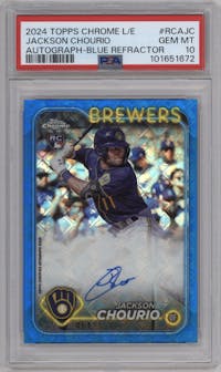 Jackson Chourio from the 2024 Topps Chrome Logofractor set featuring a Blue Refractor parallel graded by PSA and given an overall grade of 10.