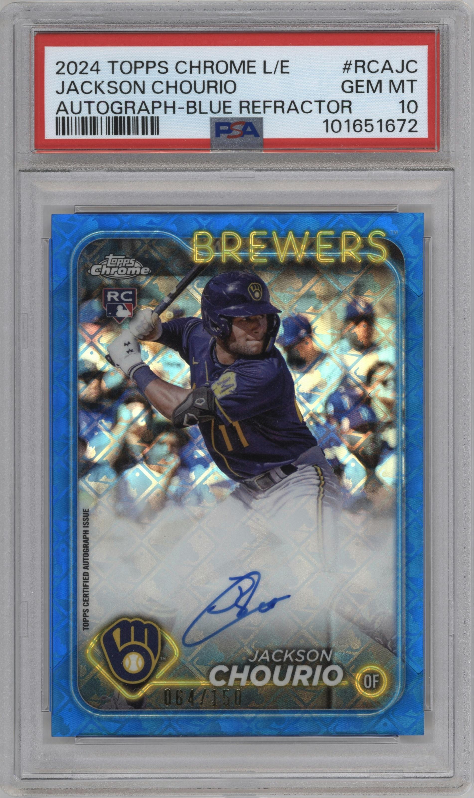Jackson Chourio from the 2024 Topps Chrome Logofractor set featuring a Blue Refractor parallel graded by PSA and given an overall grade of 10.