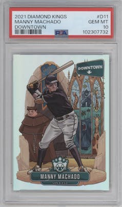 Manny Machado from the 2021 Panini Diamond Kings set graded by PSA and given an overall grade of 10.