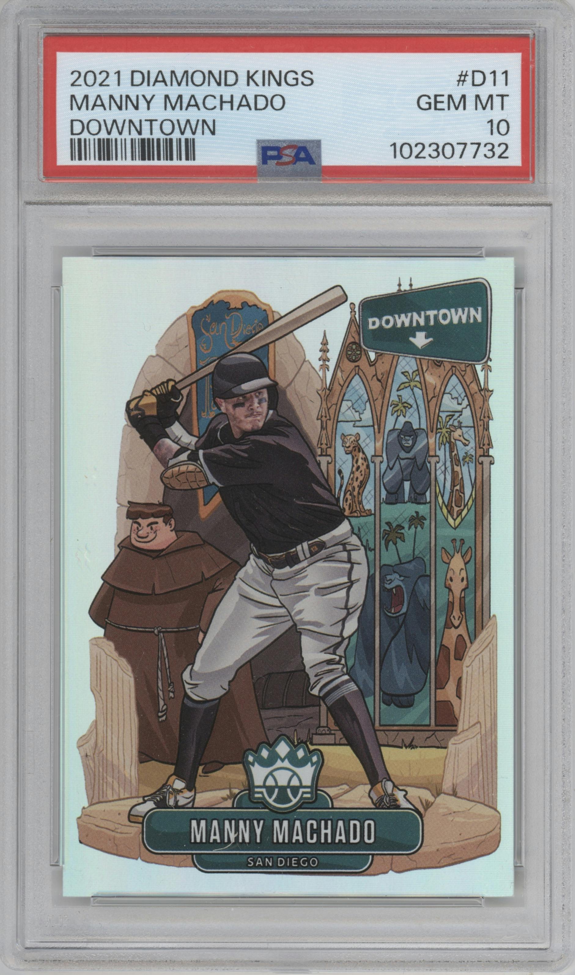 Manny Machado from the 2021 Panini Diamond Kings set graded by PSA and given an overall grade of 10.