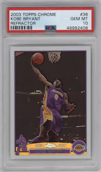 Kobe Bryant from the 2003-04 Topps Chrome set featuring a Refractor parallel graded by PSA and given an overall grade of 10.