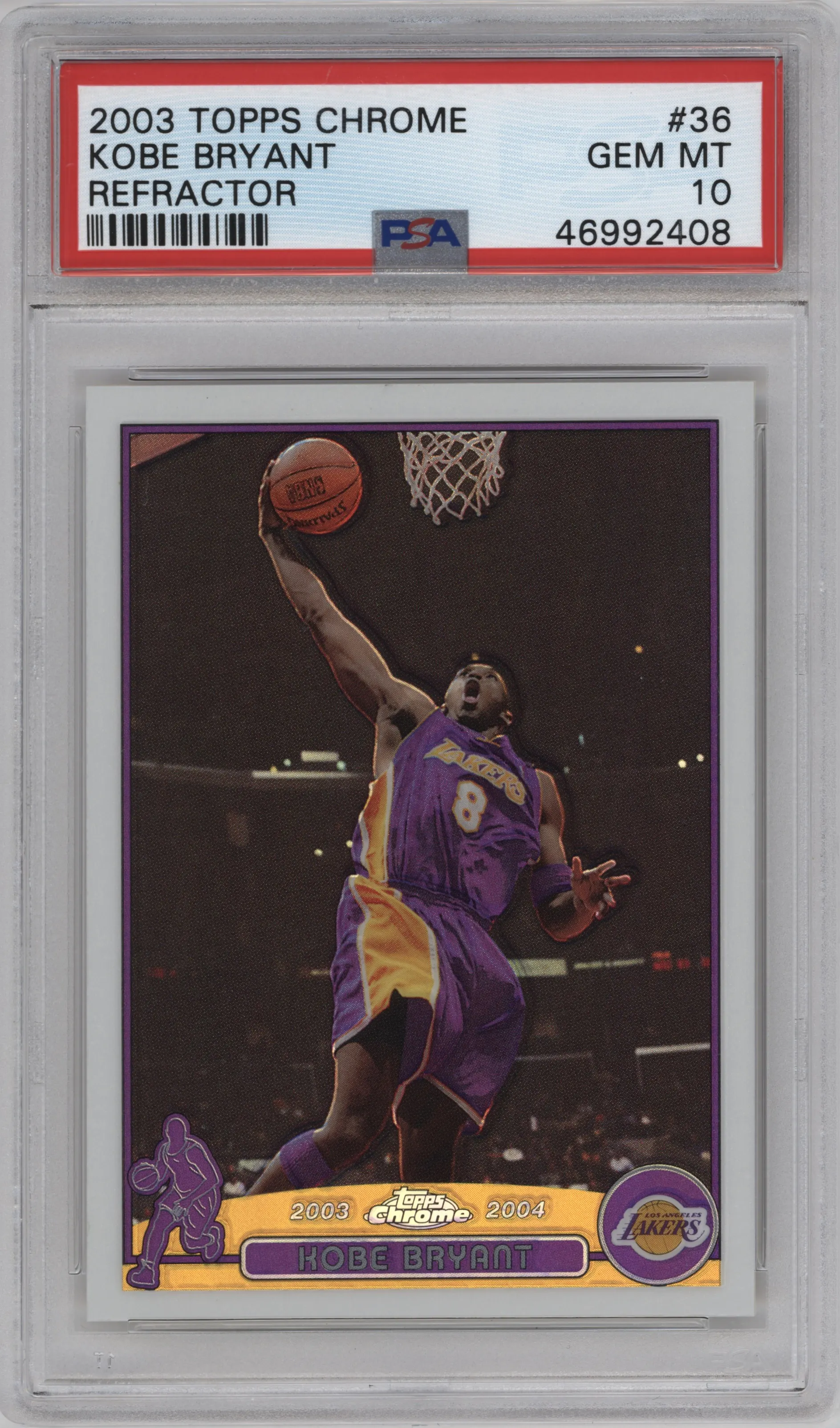 Kobe Bryant from the 2003-04 Topps Chrome set featuring a Refractor parallel graded by PSA and given an overall grade of 10.