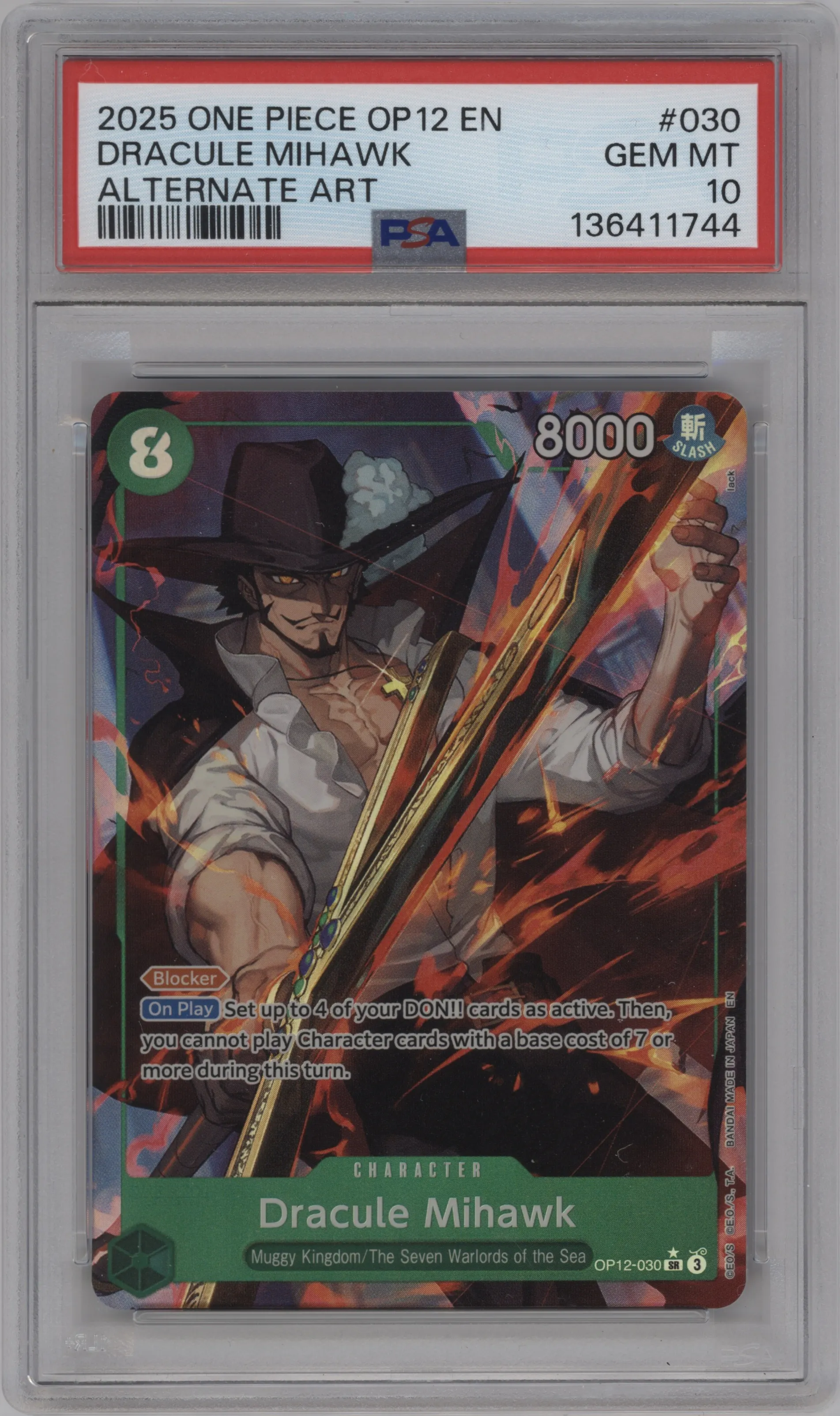 2025 One Piece Legacy of the Master Dracule Mihawk Alternate Art SR #OP12-030 SR PSA 10