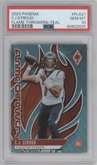 C.J. Stroud from the 2023 Panini Phoenix set featuring a Teal parallel graded by PSA and given an overall grade of 10.
