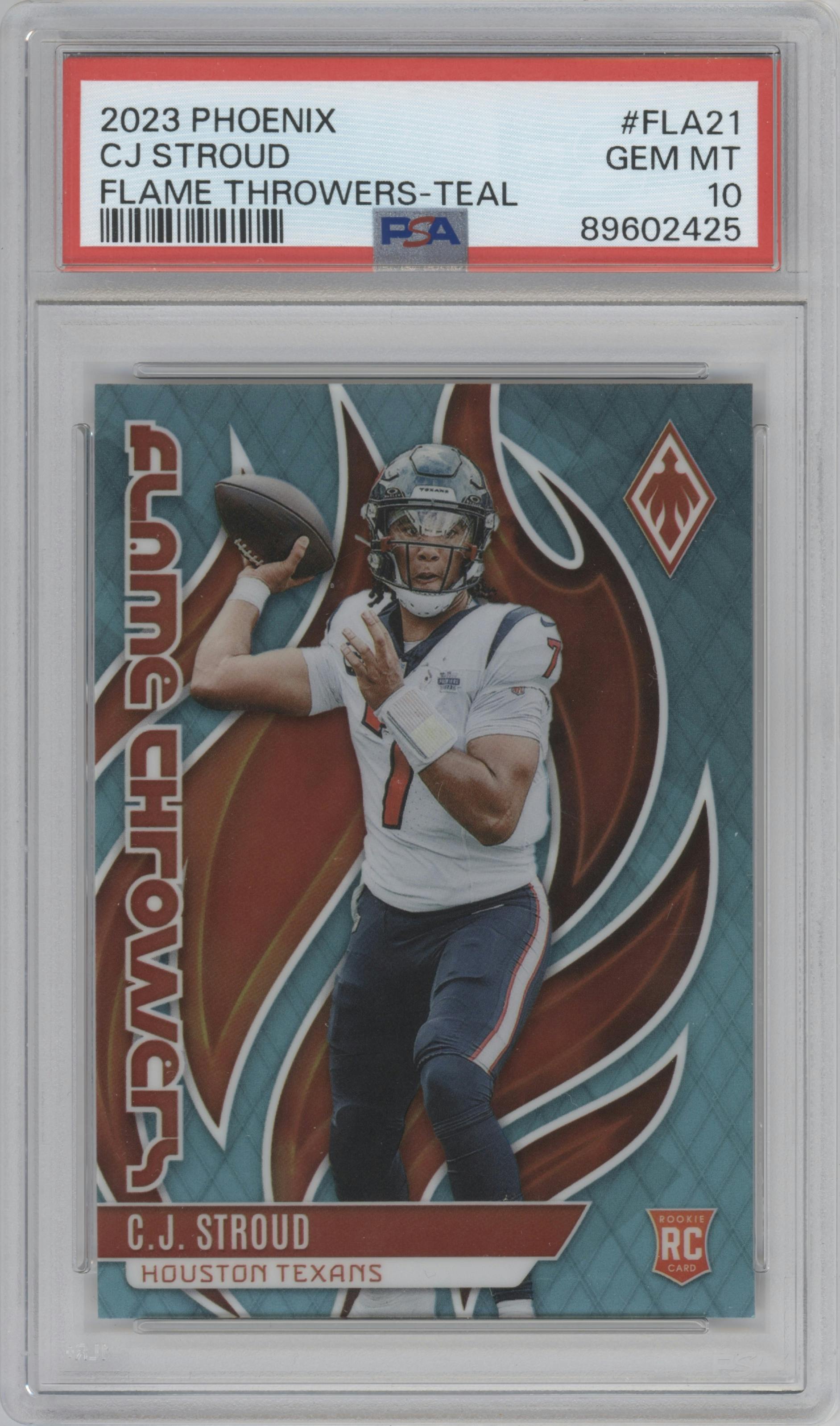 C.J. Stroud from the 2023 Panini Phoenix set featuring a Teal parallel graded by PSA and given an overall grade of 10.