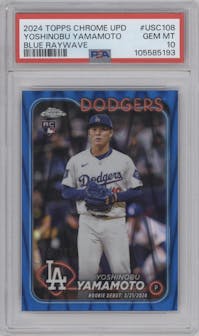 Yoshinobu Yamamoto from the 2024 Topps Chrome Update set featuring a Blue RayWave Refractor parallel graded by PSA and given an overall grade of 10.