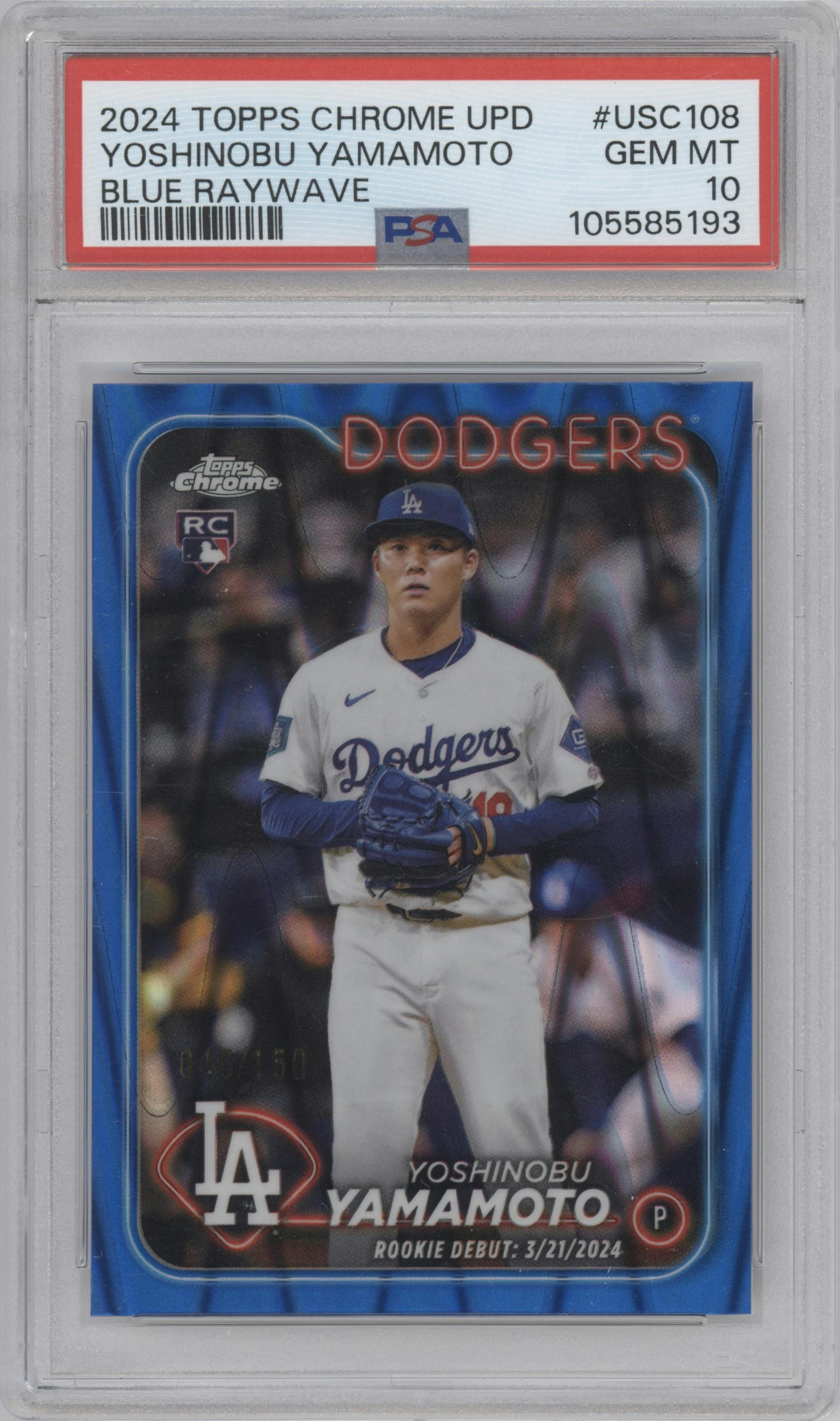Yoshinobu Yamamoto from the 2024 Topps Chrome Update set featuring a Blue RayWave Refractor parallel graded by PSA and given an overall grade of 10.