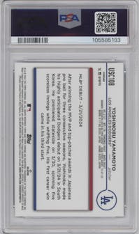 Yoshinobu Yamamoto from the 2024 Topps Chrome Update set featuring a Blue RayWave Refractor parallel graded by PSA and given an overall grade of 10.