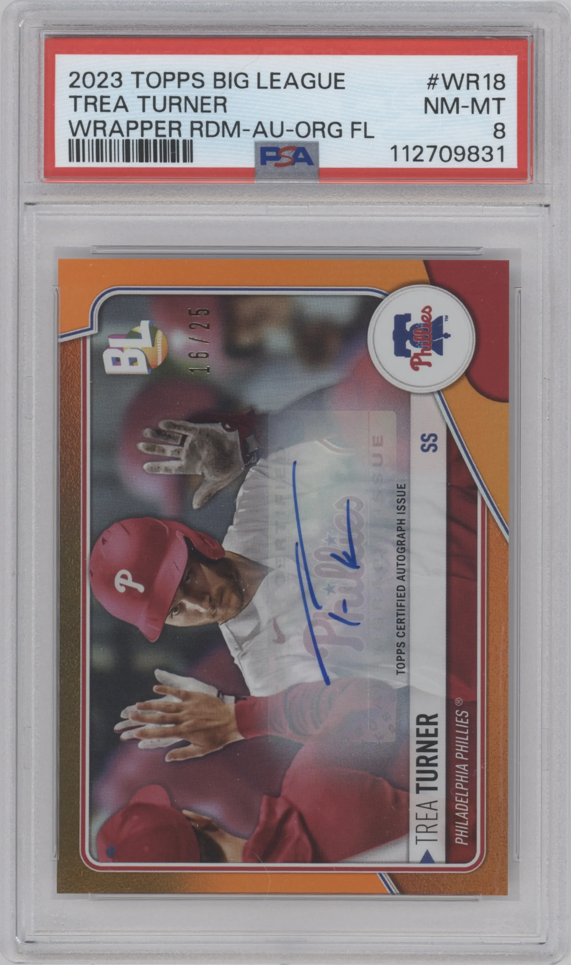 2023 Topps Big League W.R.Auto Trea Turner Orange Foil PSA 8