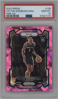Victor Wembanyama from the 2023-24 Panini Prizm set featuring a Pink Ice parallel graded by PSA and given an overall grade of 10.