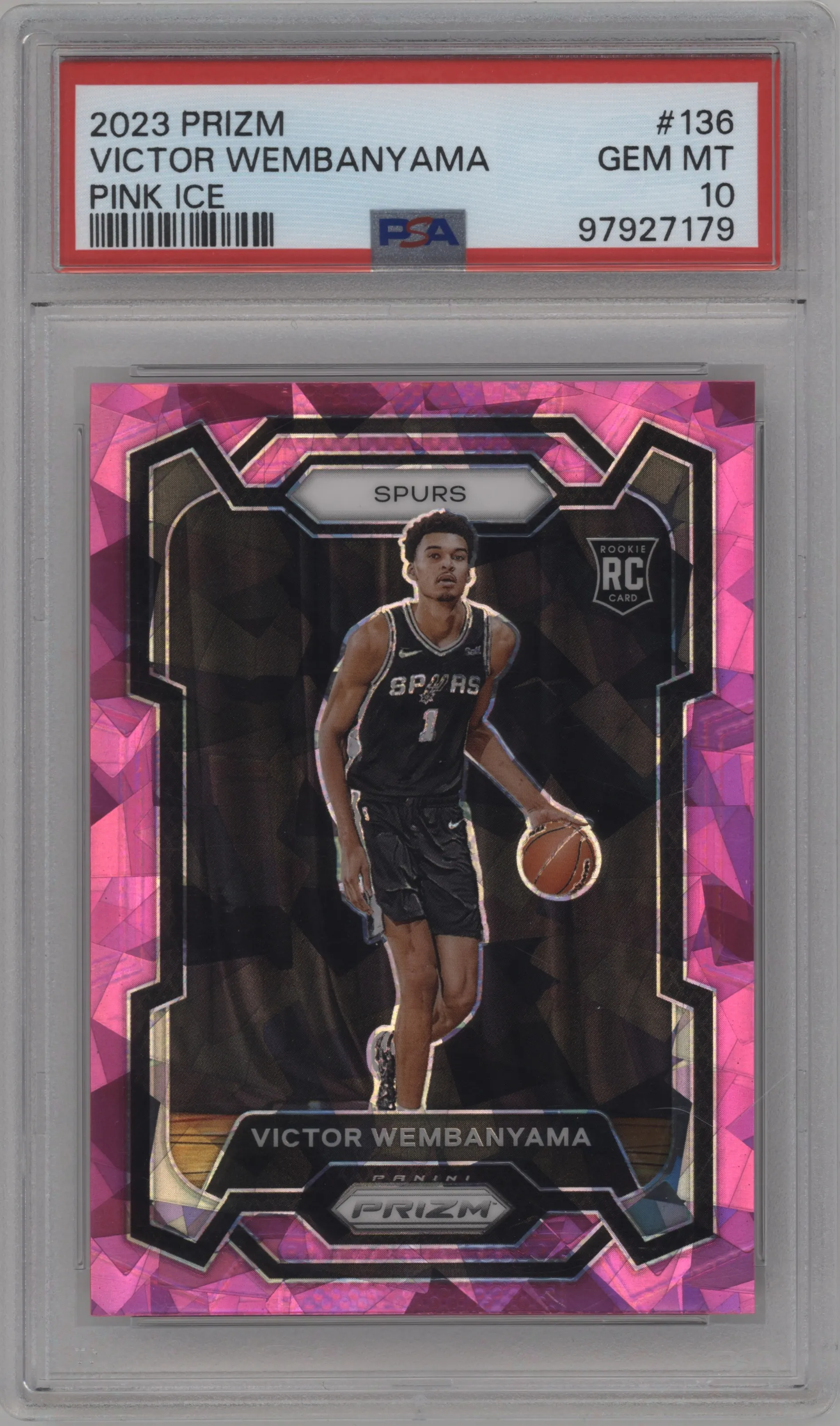 Victor Wembanyama from the 2023-24 Panini Prizm set featuring a Pink Ice parallel graded by PSA and given an overall grade of 10.