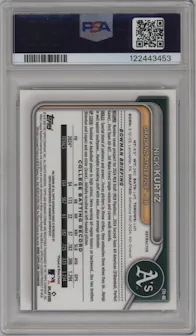 Nick Kurtz from the 2024 Bowman Draft set featuring a Refractor parallel graded by PSA and given an overall grade of 9.