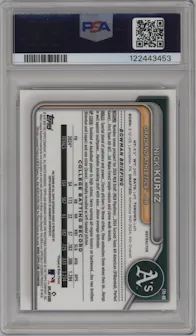 Nick Kurtz from the 2024 Bowman Draft set featuring a Refractor parallel graded by PSA and given an overall grade of 9.