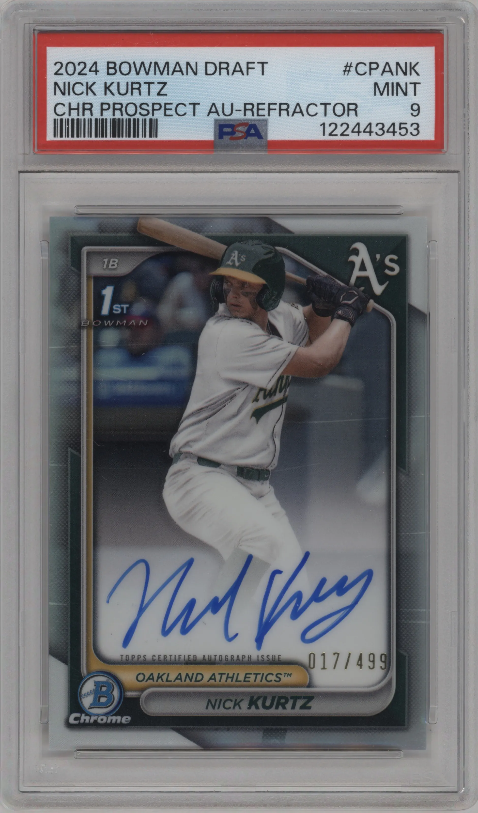 Nick Kurtz from the 2024 Bowman Draft set featuring a Refractor parallel graded by PSA and given an overall grade of 9.