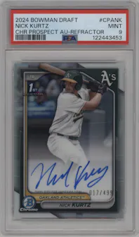 Nick Kurtz from the 2024 Bowman Draft set featuring a Refractor parallel graded by PSA and given an overall grade of 9.