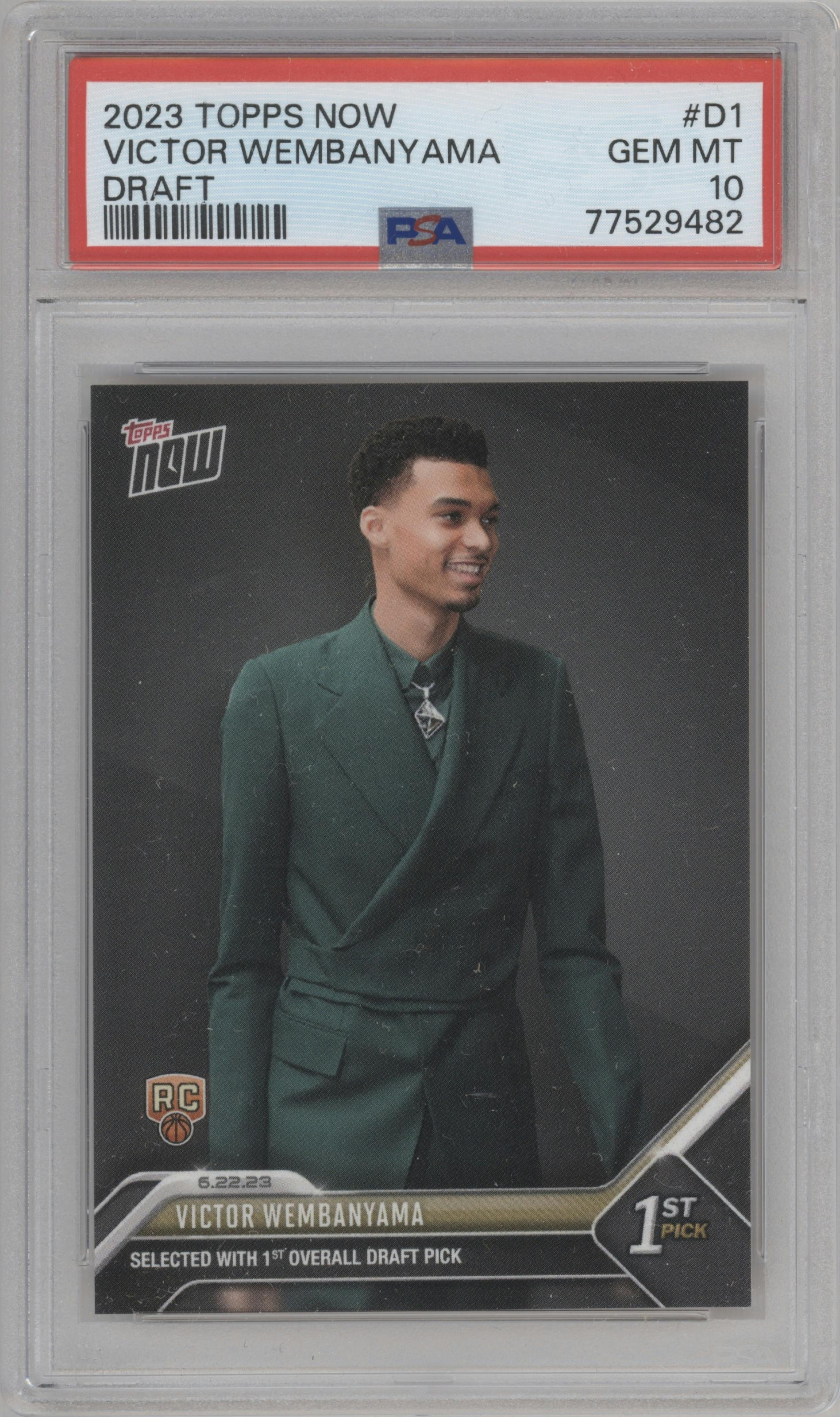 Victor Wembanyama from the 2023 Topps Now
 set graded by PSA and given an overall grade of 10.