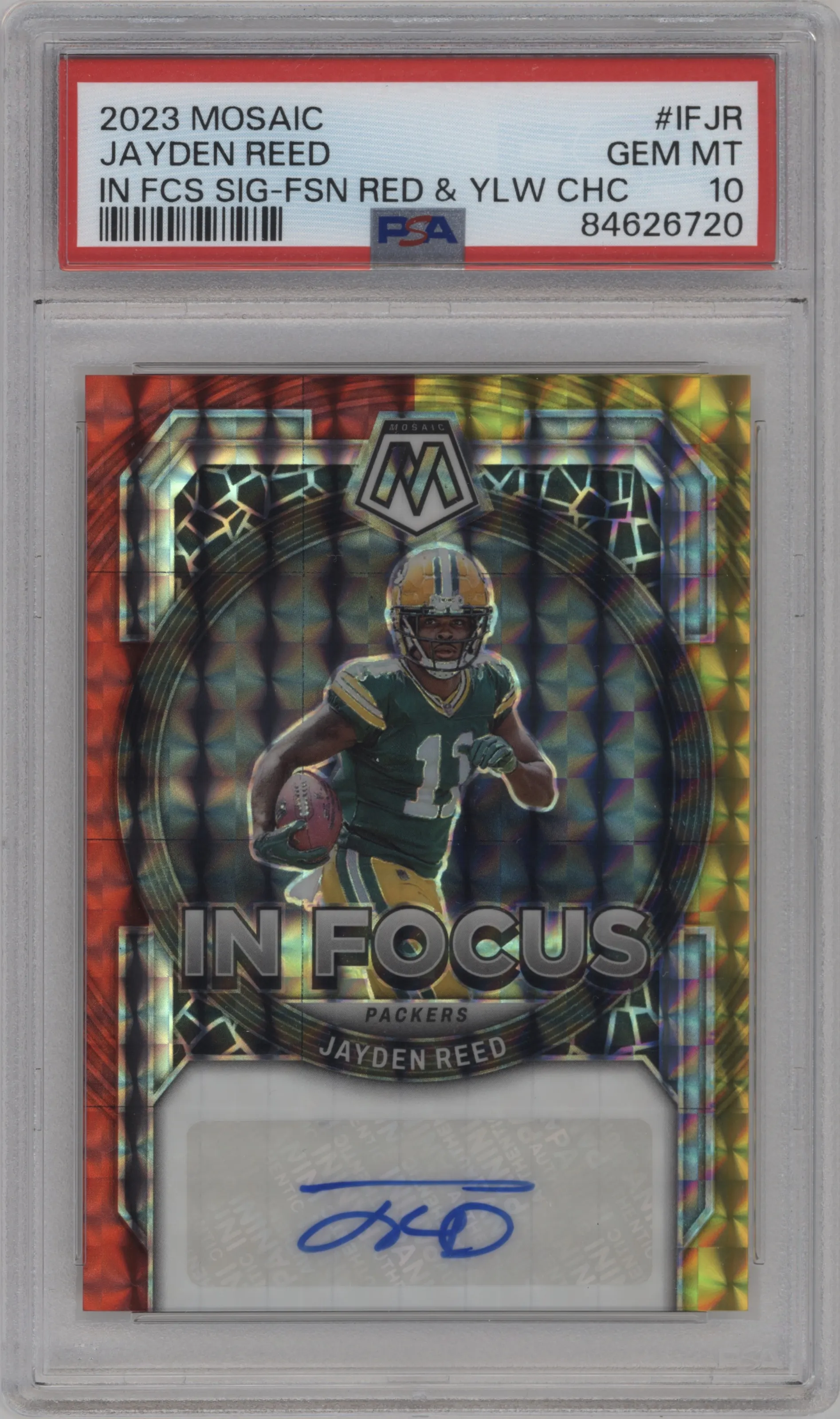 2023 Panini Mosaic In Focus Sig. Jayden Reed Choice Fusion Red & Yellow PSA 10