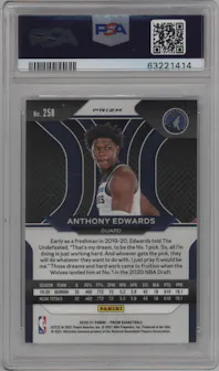 Anthony Edwards from the 2020-21 Panini Prizm set featuring a Silver Prizm parallel graded by PSA and given an overall grade of 10.