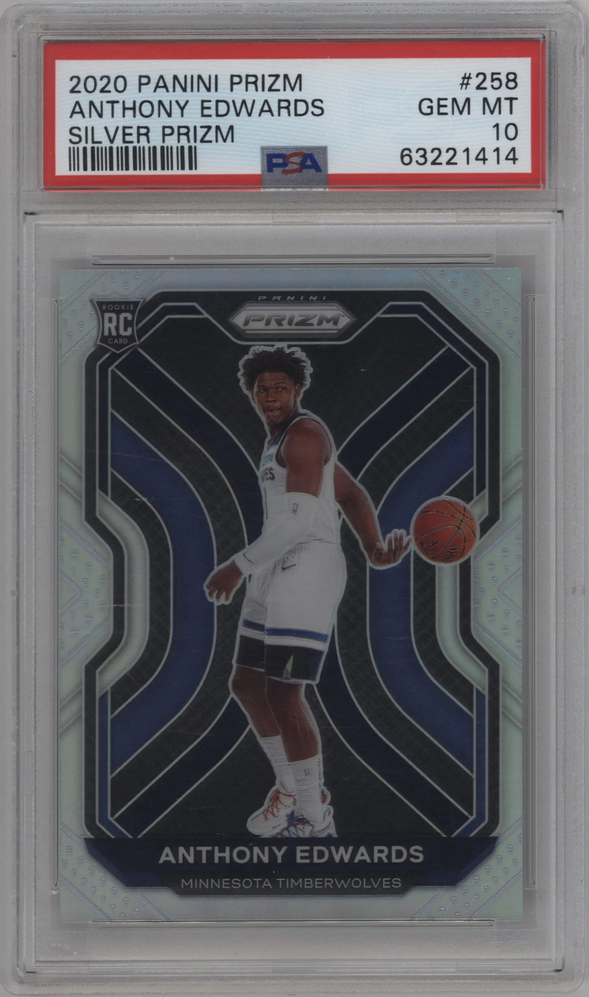 Anthony Edwards from the 2020-21 Panini Prizm set featuring a Silver Prizm parallel graded by PSA and given an overall grade of 10.