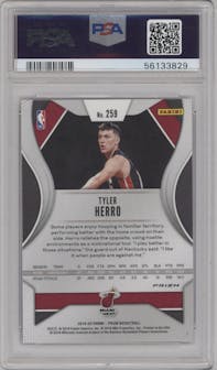 Tyler Herro from the 2019-20 Panini Prizm set featuring a Red/White/Blue Prizm  parallel graded by PSA and given an overall grade of 10.