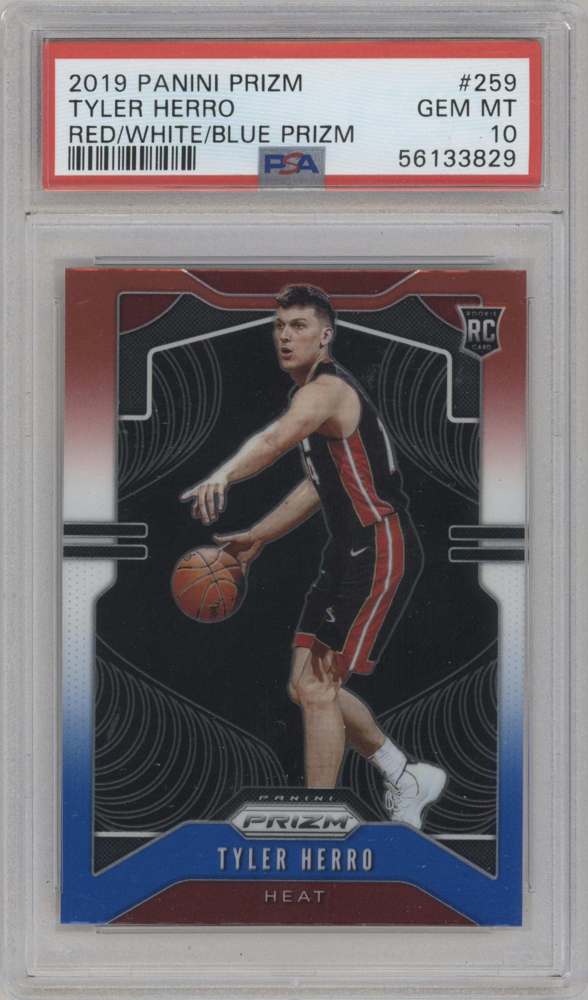 Tyler Herro from the 2019-20 Panini Prizm set featuring a Red/White/Blue Prizm  parallel graded by PSA and given an overall grade of 10.