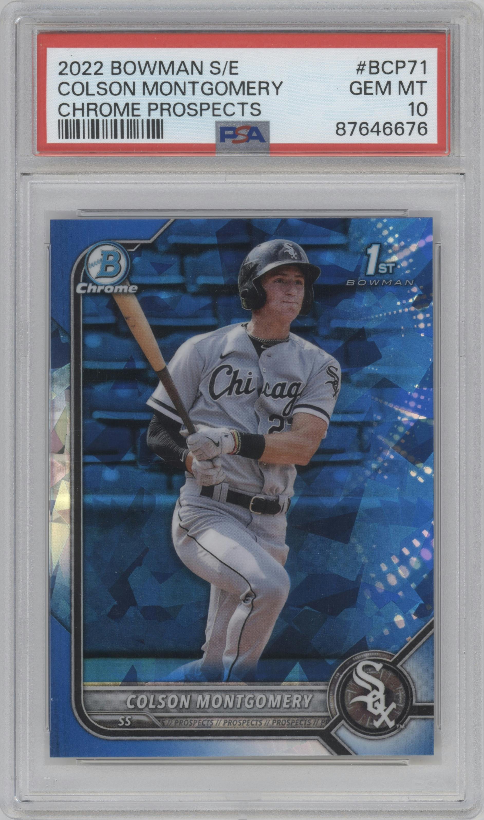Colson Montgomery from the 2022 Bowman Sapphire Edition set graded by PSA and given an overall grade of 10.