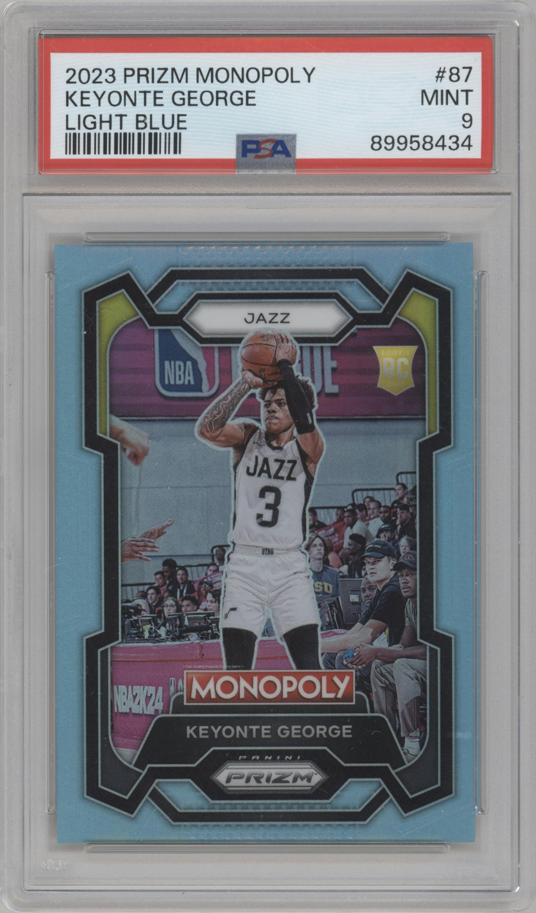 Keyonte George from the 2023-24 Panini Prizm Monopoly set featuring a Light Blue parallel graded by PSA and given an overall grade of 9.