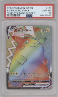 Pikachu VMAX from the 2020 Pokemon SWSH set graded by PSA and given an overall grade of 10.