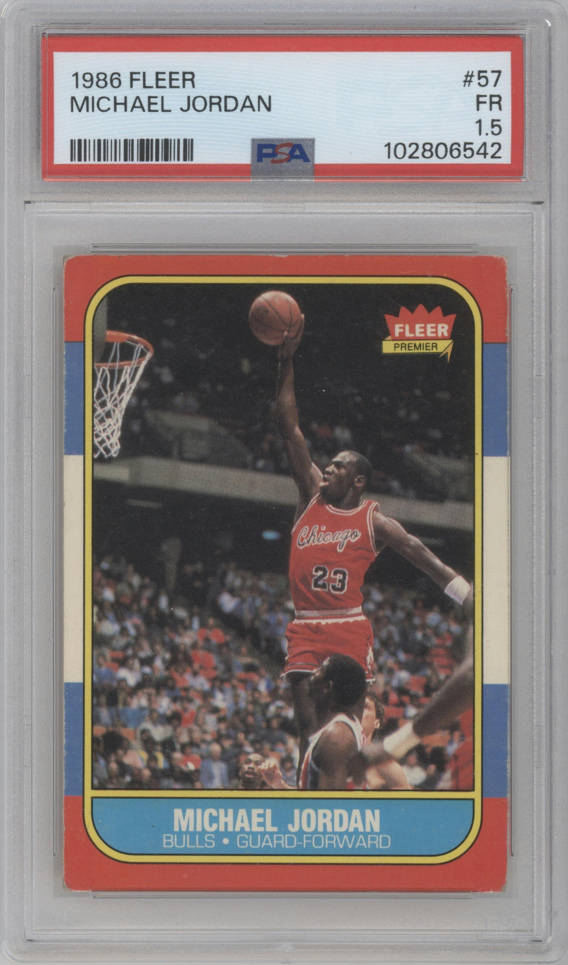 Michael Jordan from the 1986-87 Fleer set graded by PSA and given an overall grade of 1.5.