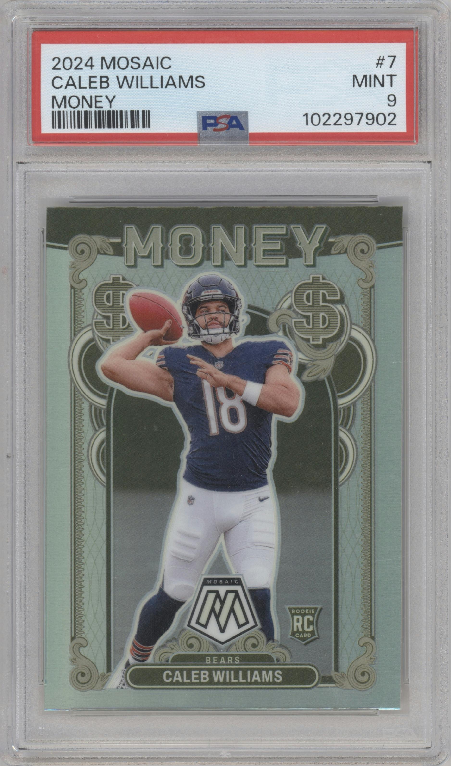 Caleb Williams from the 2024 Panini Mosaic set graded by PSA and given an overall grade of 9.