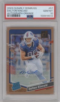Dalton Kincaid from the 2023 Clearly Donruss set featuring a Orange parallel graded by PSA and given an overall grade of 10.