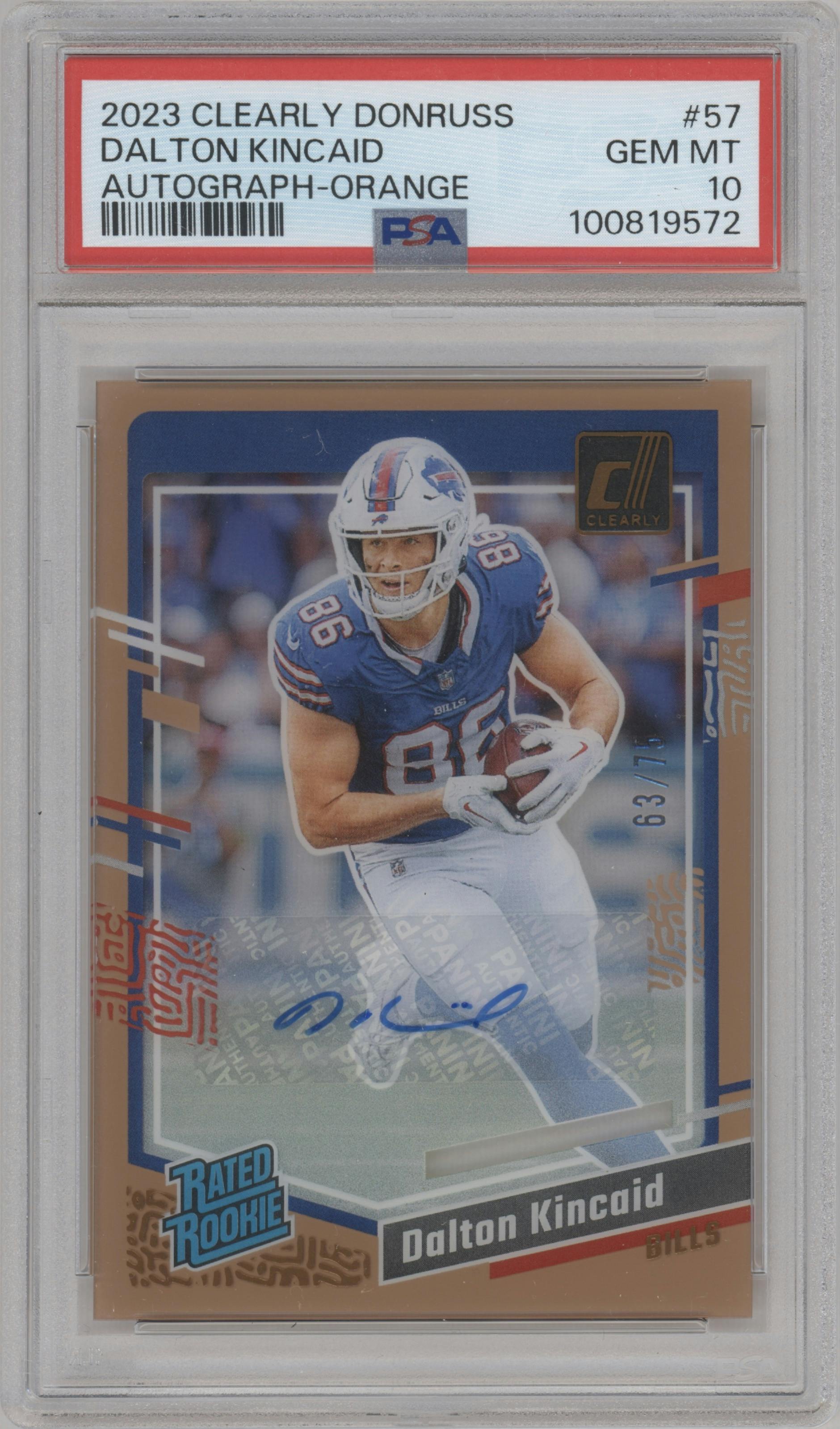 Dalton Kincaid from the 2023 Clearly Donruss set featuring a Orange parallel graded by PSA and given an overall grade of 10.