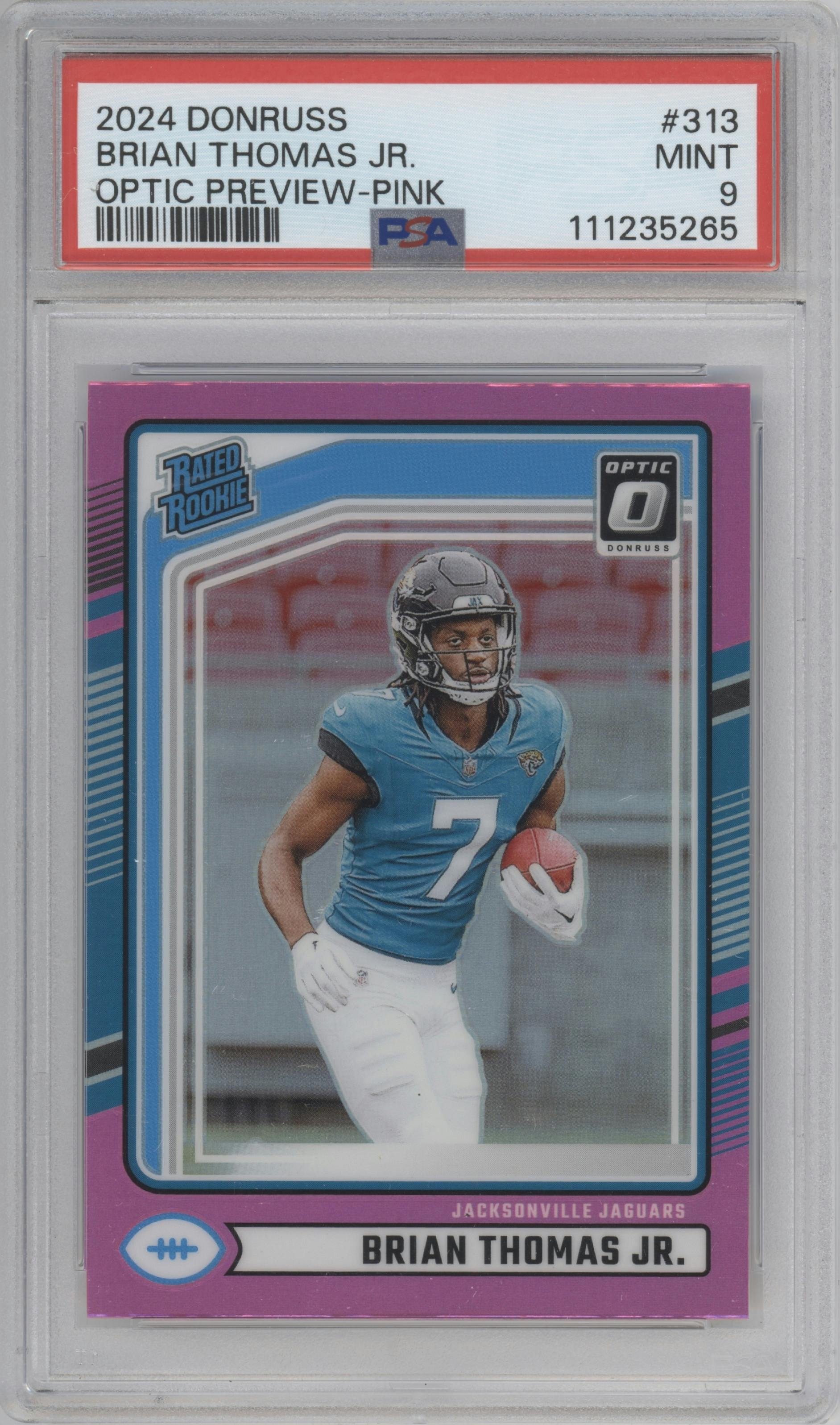 Brian Thomas Jr. from the 2024 Donruss set featuring a Pink parallel graded by PSA and given an overall grade of 9.