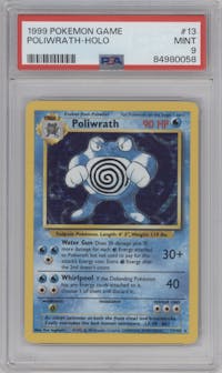 Poliwrath from the 1999 Pokemon set graded by PSA and given an overall grade of 9.